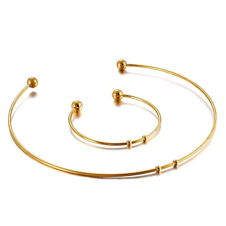 KALEN 304 Stainless Steel Collar Choker Necklace Bangle Set Gold/Silver Colors Round With Removable Ball End Cap Jewelry Set.