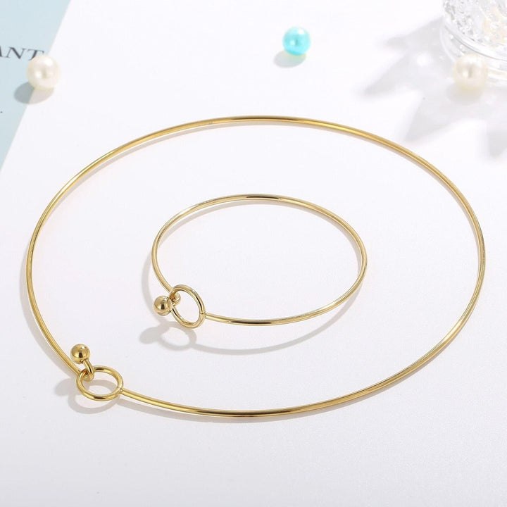 KALEN 304 Stainless Steel Collar Choker Necklace Bangle Set Gold/Silver Colors Round With Removable Ball End Cap Jewelry Set.