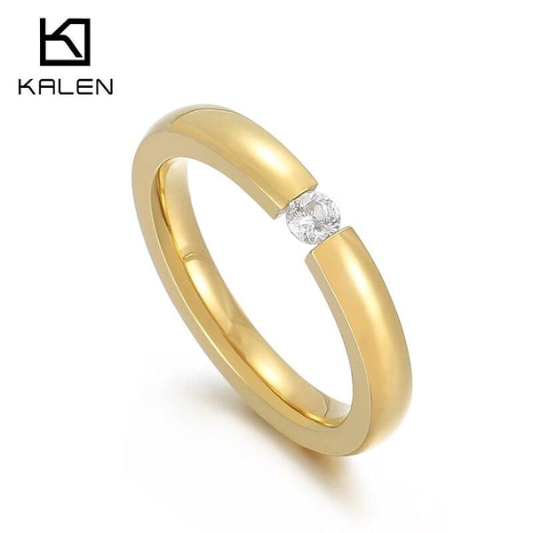 Kalen 3mm Simple High Polished 3 Colors Stainless Steel Cubic Zirconia Stone Engagement Wedding Rings for Woman.
