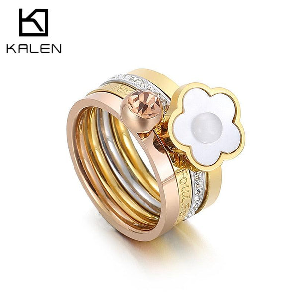 KALEN 4 in 1 Ring Girl Mujer Anillos Rings Gold Color Stainless Steel Bands Flower Rings For Best friends Splittable Friendship.