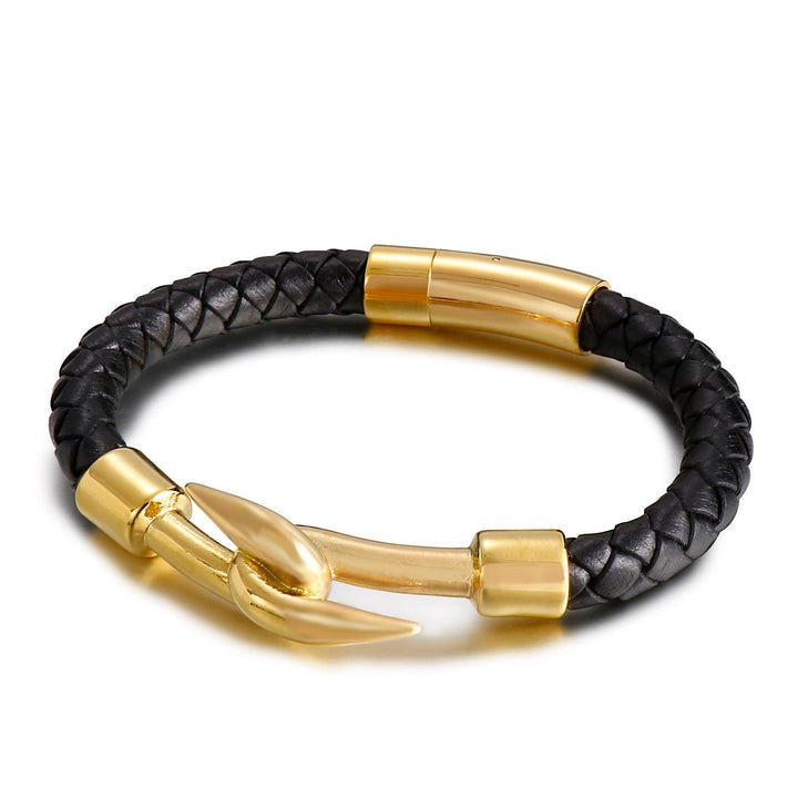 KALEN 5mm Cowhide Leather Gold Stainless Steel Hook Bracelet for Men - kalen