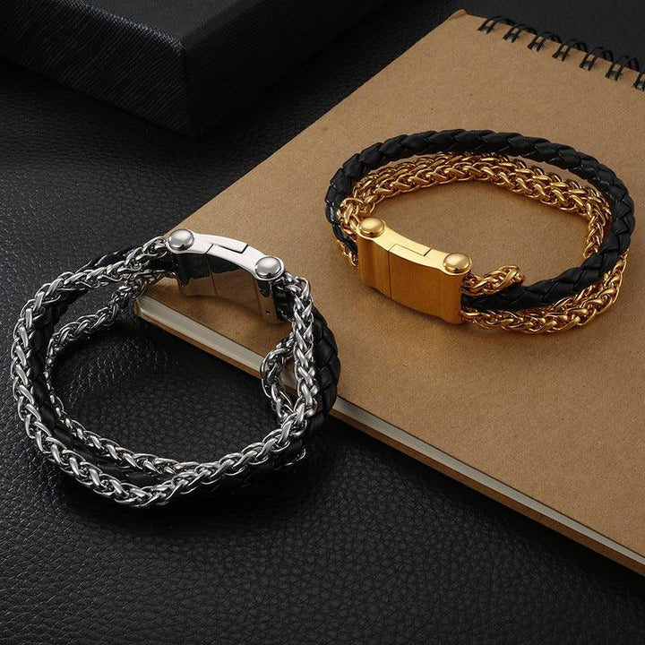 Kalen 5mm Leather Rope Chain Stainless Steel Bracelet For Men - kalen