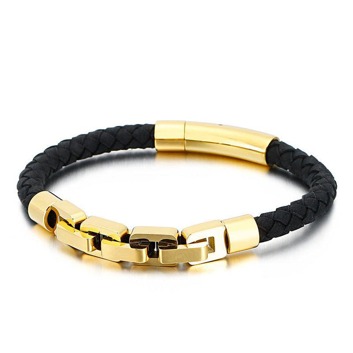 KALEN 6mm Cowhide Leather 8mm Stainless Steel Link Chain Bracelet for Men - kalen