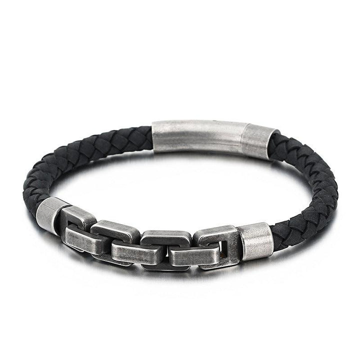 KALEN 6mm Cowhide Leather 8mm Stainless Steel Link Chain Bracelet for Men - kalen