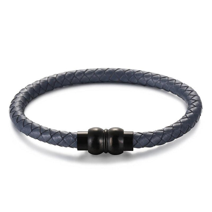 KALEN 6mm Cowhide Leather Black Stainless Steel Bracelet for Men - kalen