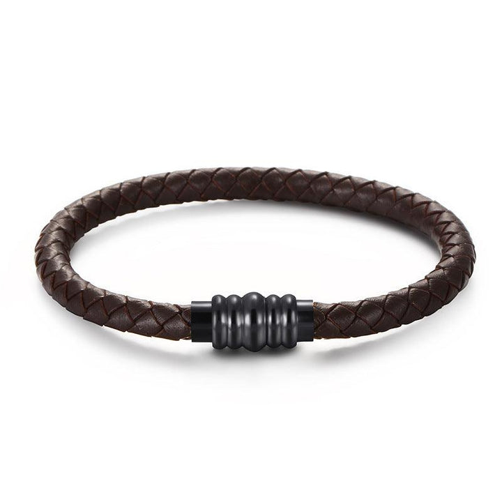 KALEN 6mm Cowhide Leather Black Stainless Steel Bracelet for Men - kalen