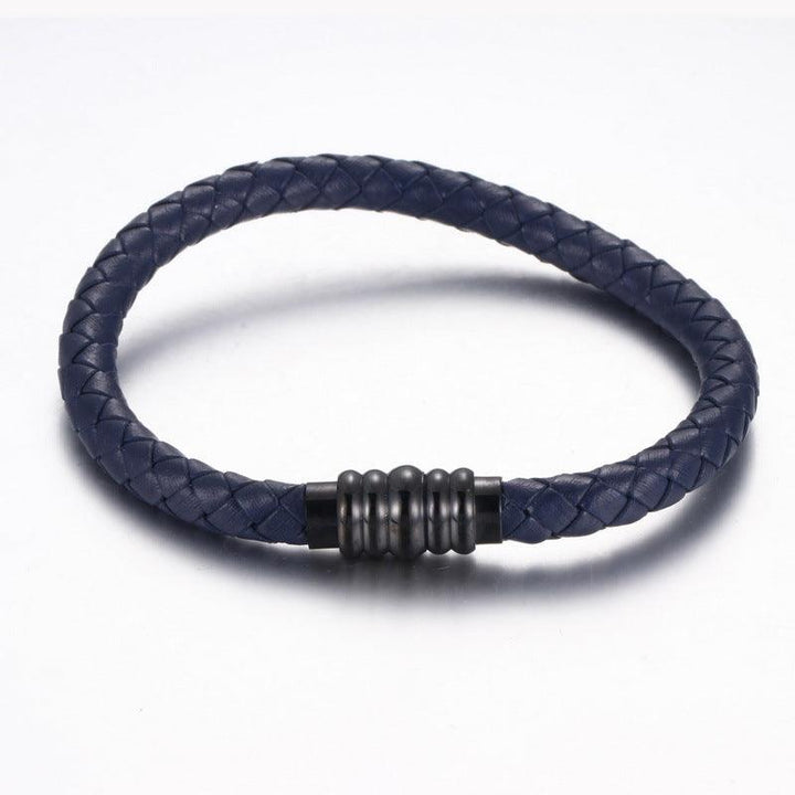 KALEN 6mm Cowhide Leather Black Stainless Steel Bracelet for Men - kalen