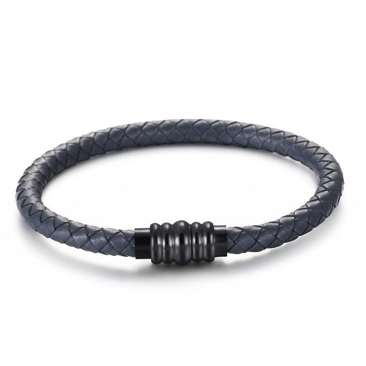 KALEN 6mm Cowhide Leather Black Stainless Steel Bracelet for Men - kalen