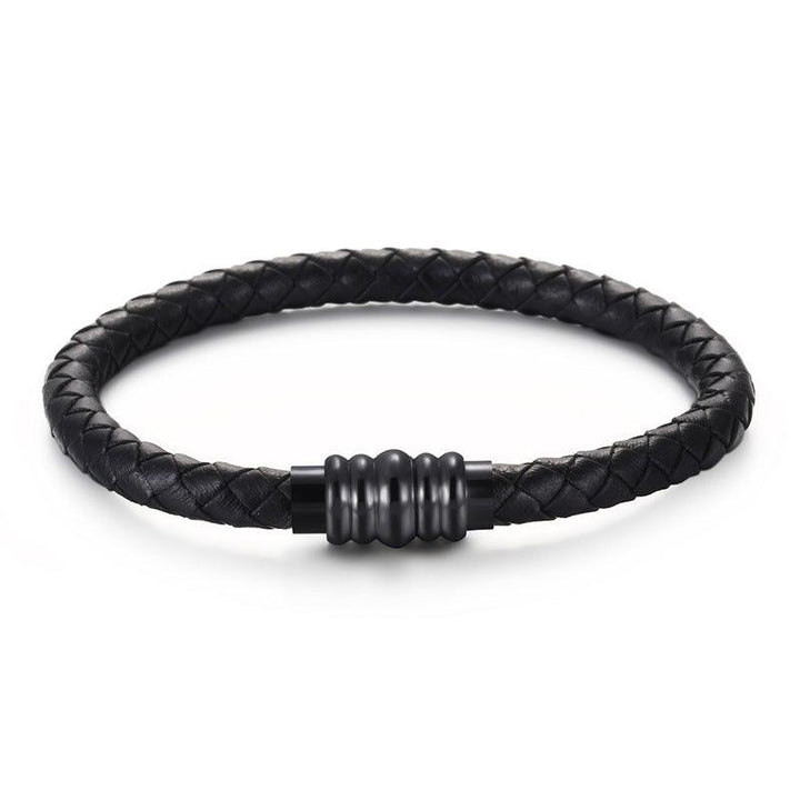 KALEN 6mm Cowhide Leather Black Stainless Steel Bracelet for Men - kalen