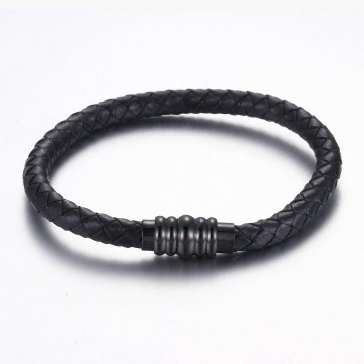 KALEN 6mm Cowhide Leather Black Stainless Steel Bracelet for Men - kalen