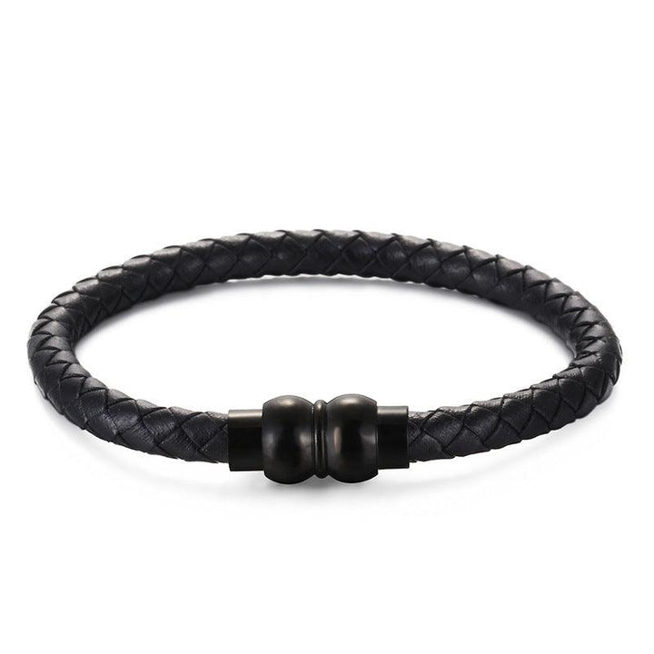 KALEN 6mm Cowhide Leather Black Stainless Steel Bracelet for Men - kalen