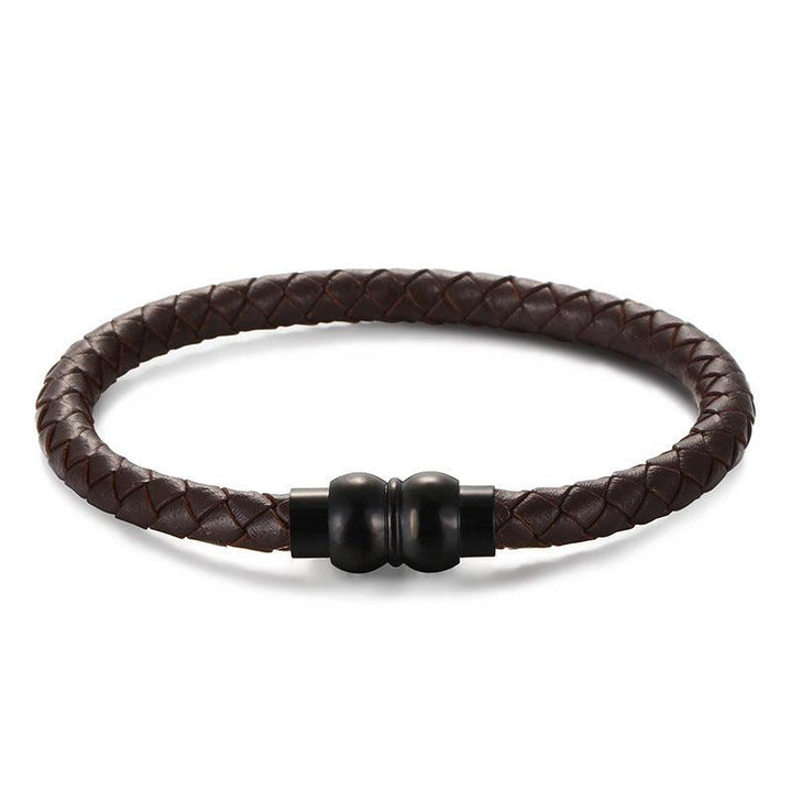 KALEN 6mm Cowhide Leather Black Stainless Steel Bracelet for Men - kalen