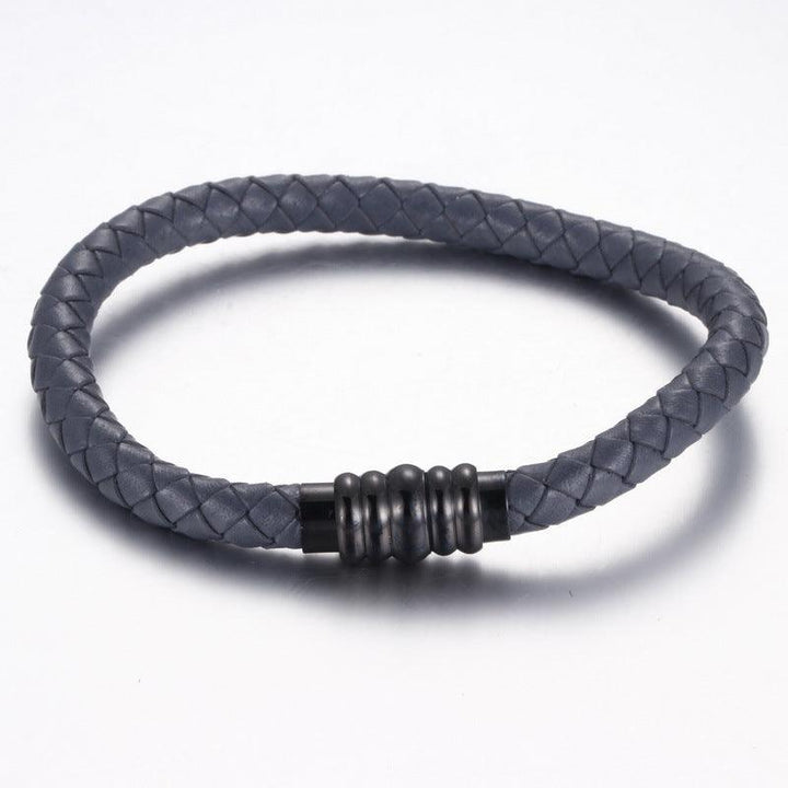 KALEN 6mm Cowhide Leather Black Stainless Steel Bracelet for Men - kalen