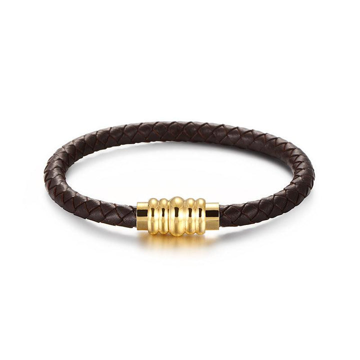 KALEN 6mm Cowhide Leather Gold Stainless Steel Bracelet for Men - kalen