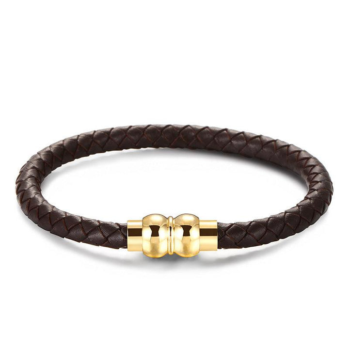 KALEN 6mm Cowhide Leather Gold Stainless Steel Bracelet for Men - kalen