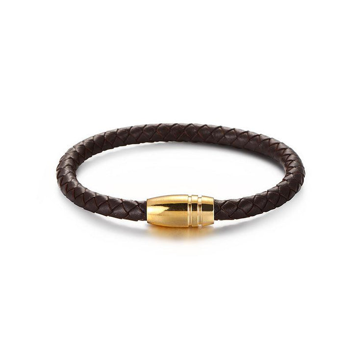 KALEN 6mm Cowhide Leather Gold Stainless Steel Bracelet for Men - kalen