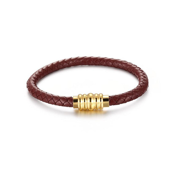 KALEN 6mm Cowhide Leather Gold Stainless Steel Bracelet for Men - kalen