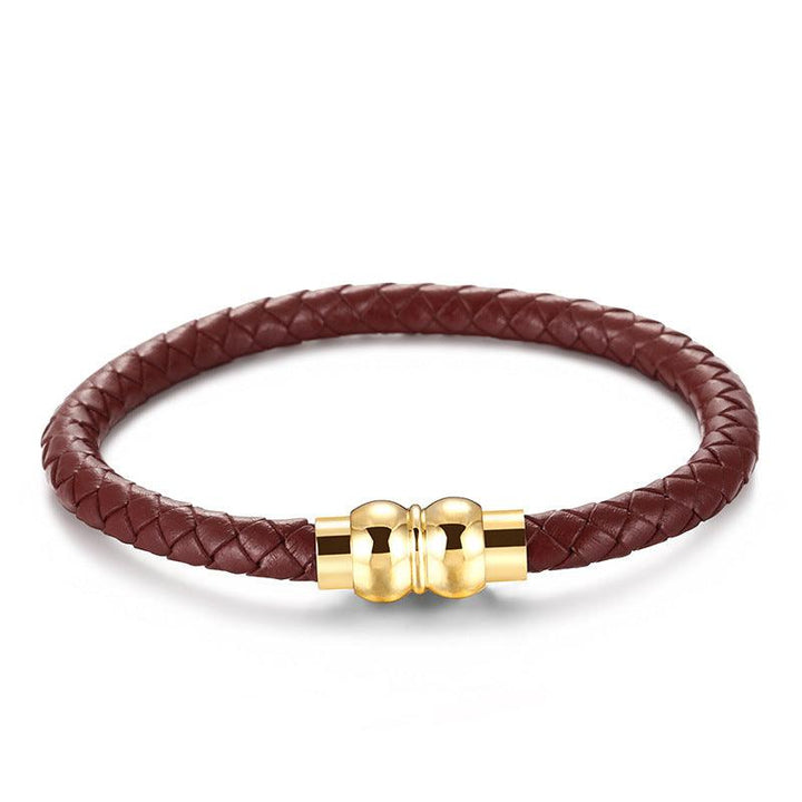 KALEN 6mm Cowhide Leather Gold Stainless Steel Bracelet for Men - kalen