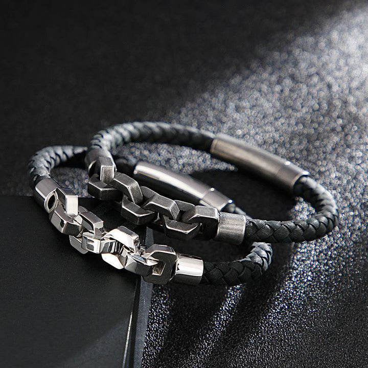 KALEN 6mm Cowhide Leather Stainless Steel 10mm Link Chain Bracelet for Men - kalen