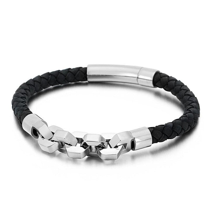 KALEN 6mm Cowhide Leather Stainless Steel 10mm Link Chain Bracelet for Men - kalen