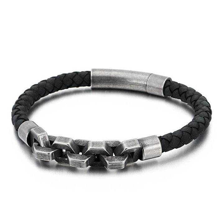 KALEN 6mm Cowhide Leather Stainless Steel 10mm Link Chain Bracelet for Men - kalen