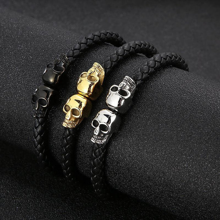 KALEN 6mm Cowhide Leather Stainless Steel 10mm Skull Beaded Bracelet for Men - kalen