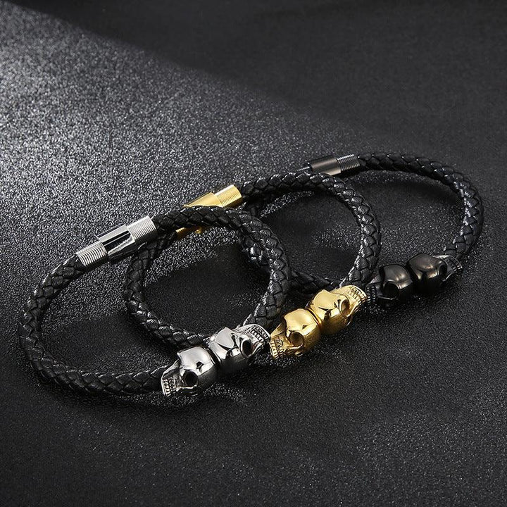 KALEN 6mm Cowhide Leather Stainless Steel 10mm Skull Beaded Bracelet for Men - kalen