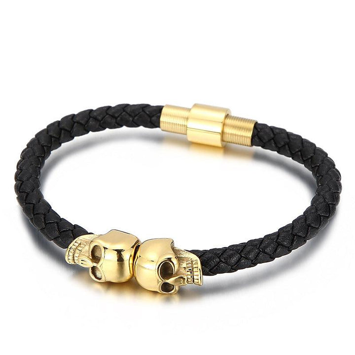 KALEN 6mm Cowhide Leather Stainless Steel 10mm Skull Beaded Bracelet for Men - kalen