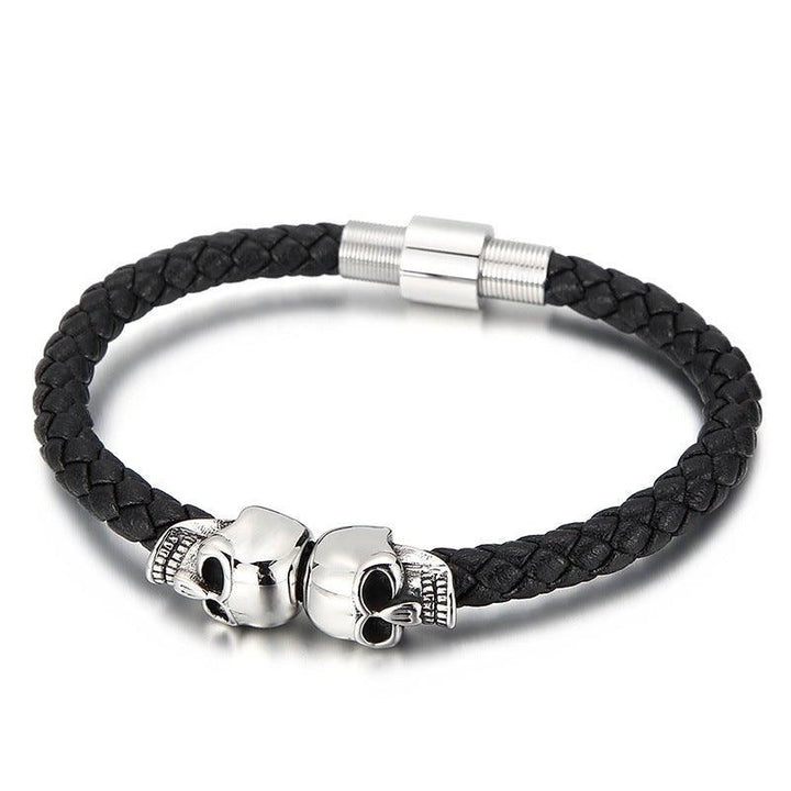 KALEN 6mm Cowhide Leather Stainless Steel 10mm Skull Beaded Bracelet for Men - kalen