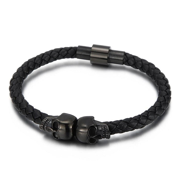 KALEN 6mm Cowhide Leather Stainless Steel 10mm Skull Beaded Bracelet for Men - kalen