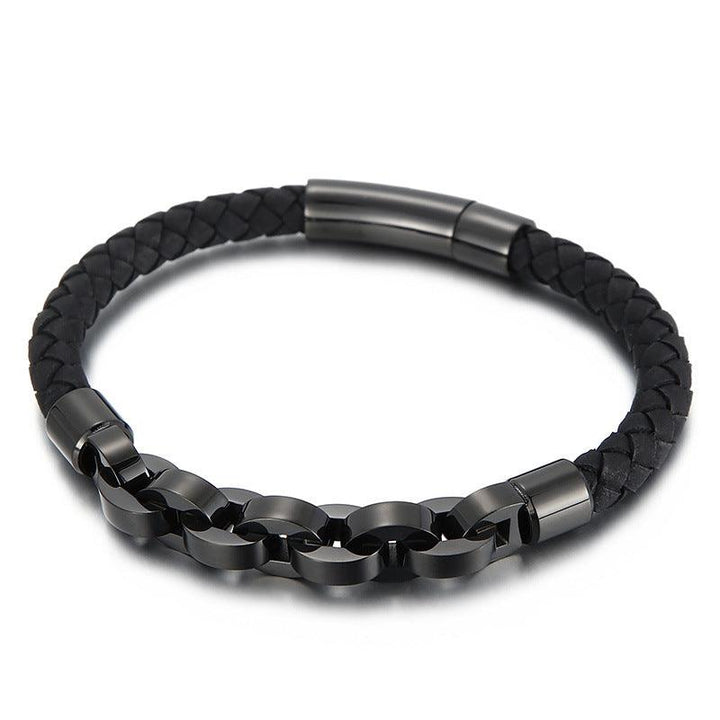 KALEN 6mm Cowhide Leather Stainless Steel 8mm Link Chain Bracelet for Men - kalen