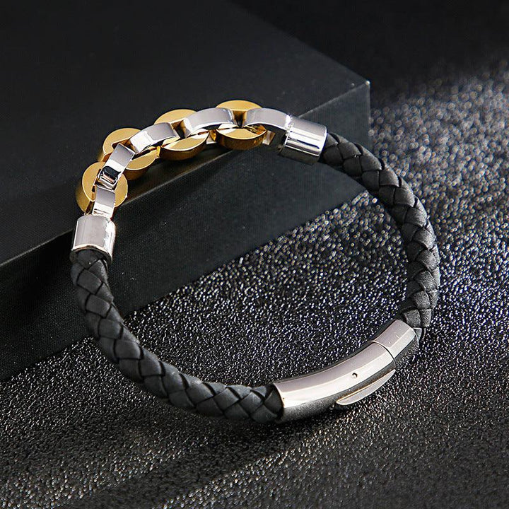 KALEN 6mm Cowhide Leather Stainless Steel 8mm Link Chain Bracelet for Men - kalen