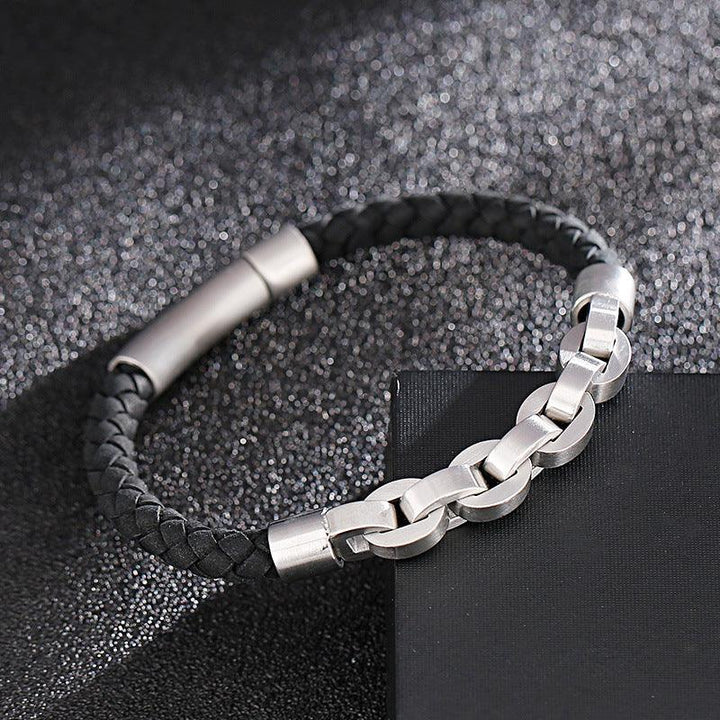 KALEN 6mm Cowhide Leather Stainless Steel 8mm Link Chain Bracelet for Men - kalen