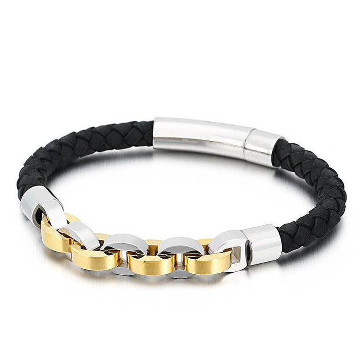 KALEN 6mm Cowhide Leather Stainless Steel 8mm Link Chain Bracelet for Men - kalen