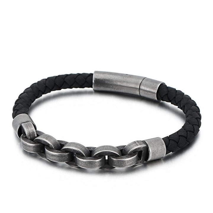 KALEN 6mm Cowhide Leather Stainless Steel 8mm Link Chain Bracelet for Men - kalen