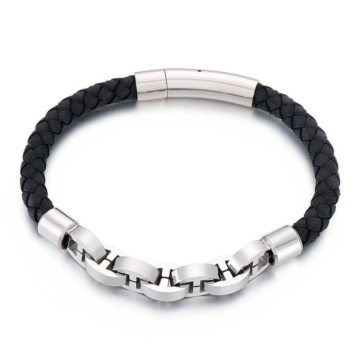 KALEN 6mm Cowhide Leather Stainless Steel 9mm Link Chain Bracelet for Men - kalen