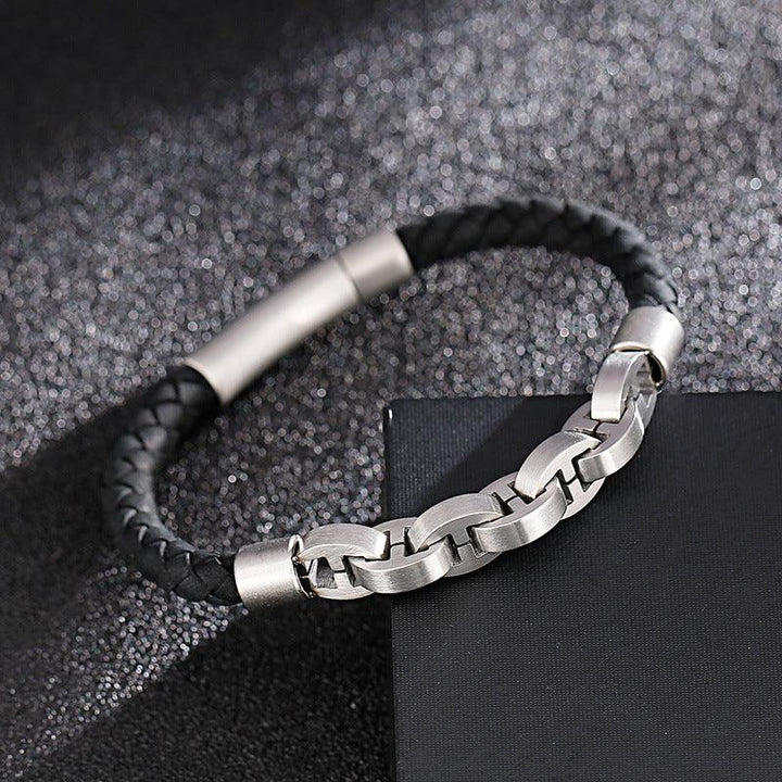 KALEN 6mm Cowhide Leather Stainless Steel 9mm Link Chain Bracelet for Men - kalen