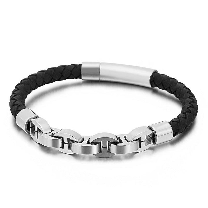 KALEN 6mm Cowhide Leather Stainless Steel 9mm Link Chain Bracelet for Men - kalen