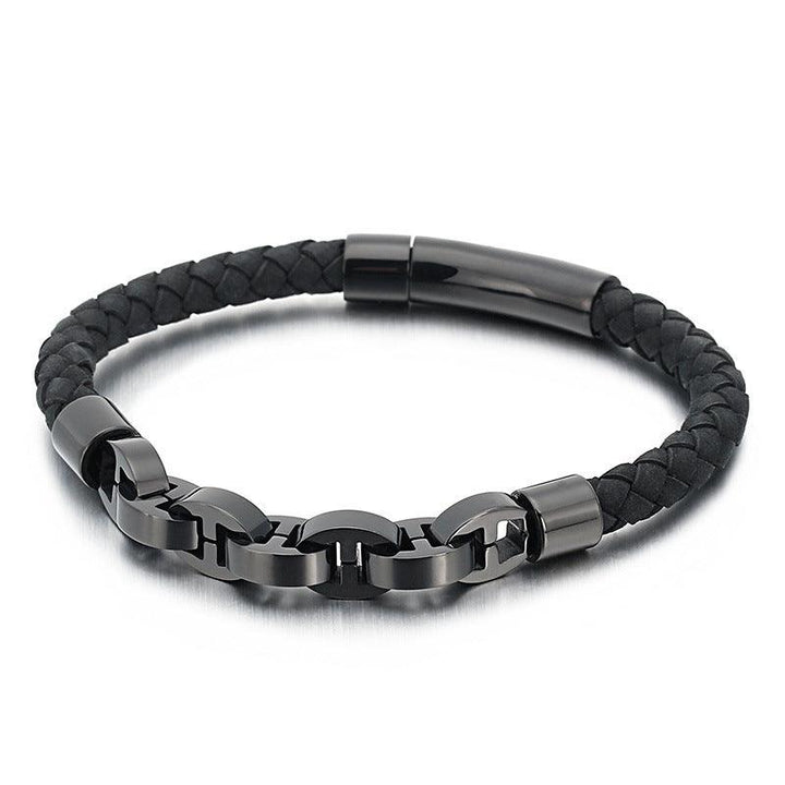 KALEN 6mm Cowhide Leather Stainless Steel 9mm Link Chain Bracelet for Men - kalen