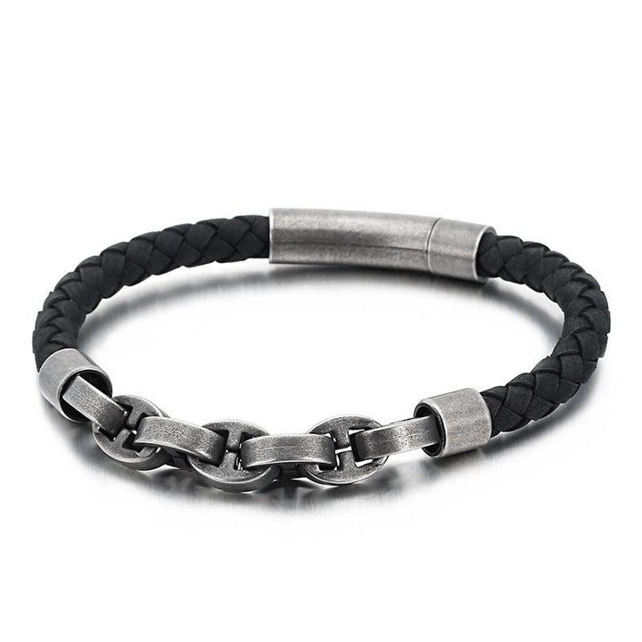 KALEN 6mm Cowhide Leather Stainless Steel 9mm Link Chain Bracelet for Men - kalen