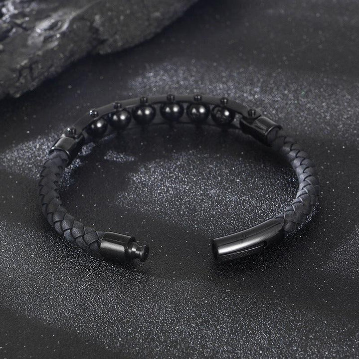 KALEN 6mm Cowhide Leather Stainless Steel Rotatable Beaded Bracelet for Men - kalen