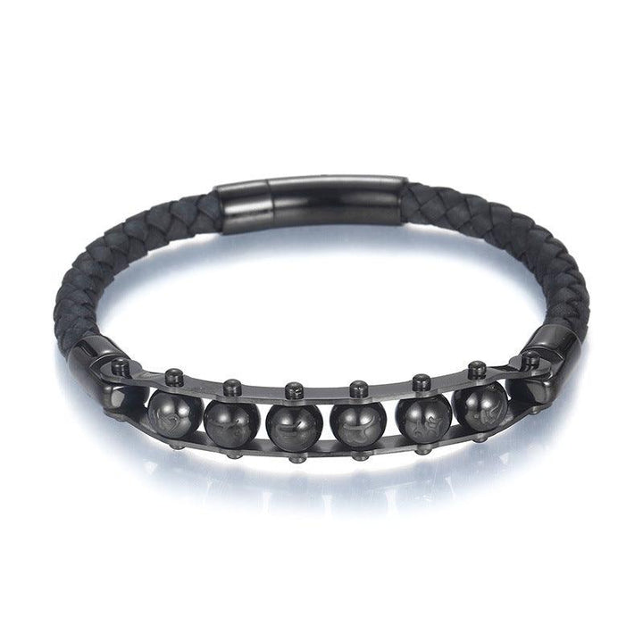 KALEN 6mm Cowhide Leather Stainless Steel Rotatable Beaded Bracelet for Men - kalen