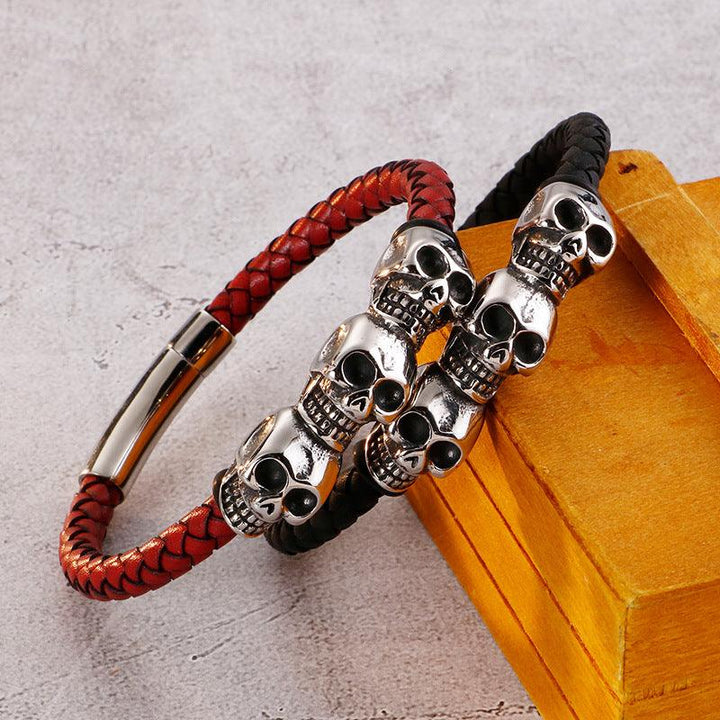 KALEN 6mm Genuine Leather 12mm Skull Charm Bracelet for Men - kalen