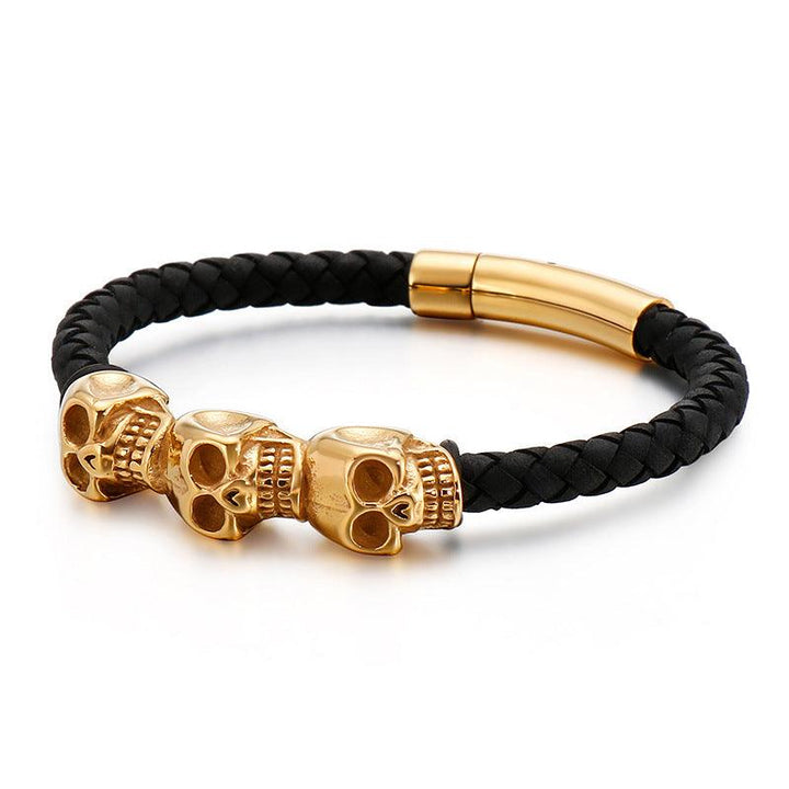 KALEN 6mm Genuine Leather 12mm Skull Charm Bracelet for Men - kalen