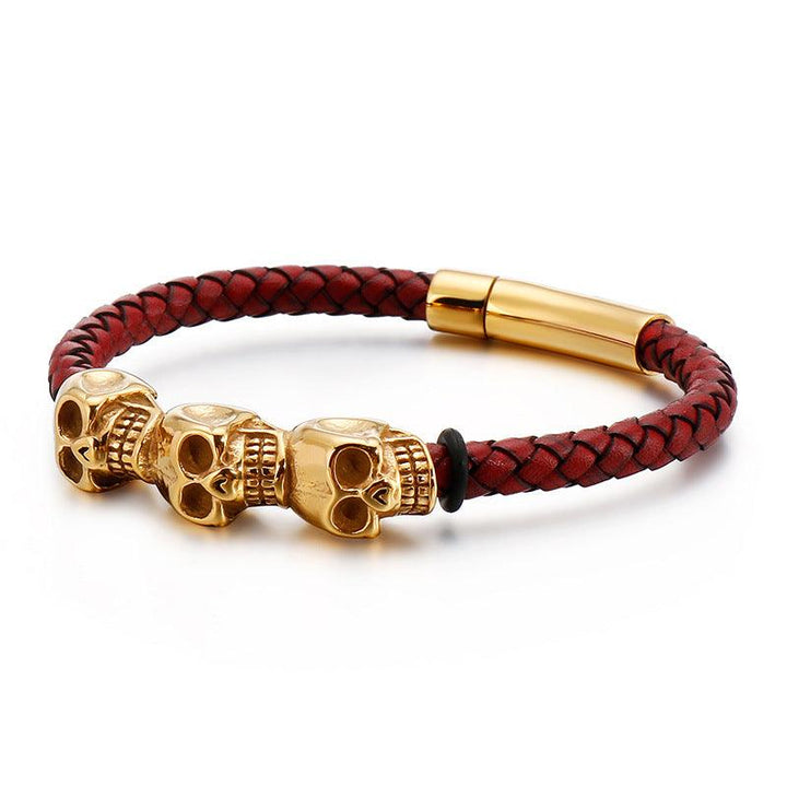 KALEN 6mm Genuine Leather 12mm Skull Charm Bracelet for Men - kalen