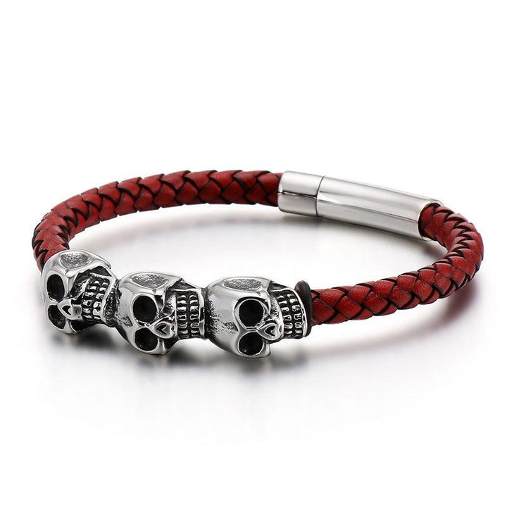 KALEN 6mm Genuine Leather 12mm Skull Charm Bracelet for Men - kalen