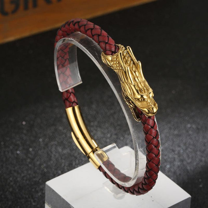 KALEN 6mm Stainless Steel Red Leather Dragon Animal Charm Bangles For Men - kalen