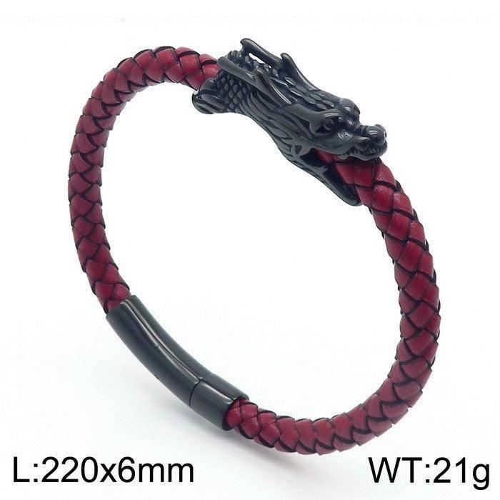 KALEN 6mm Stainless Steel Red Leather Dragon Animal Charm Bangles For Men - kalen