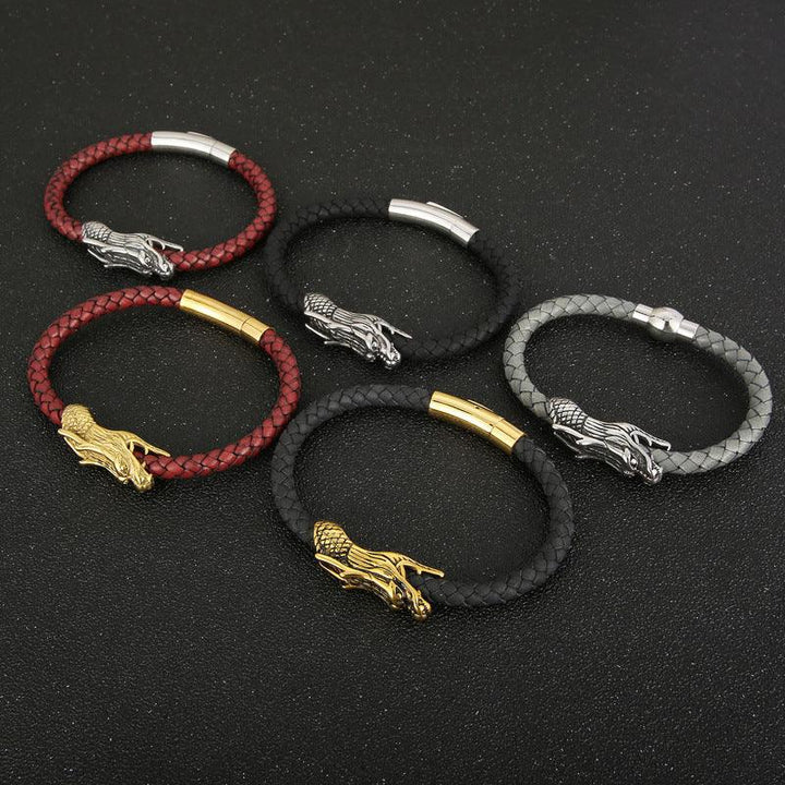 KALEN 6mm Stainless Steel Red Leather Dragon Animal Charm Bangles For Men - kalen