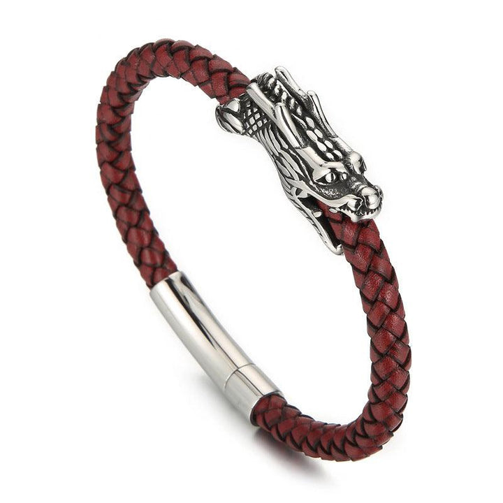 KALEN 6mm Stainless Steel Red Leather Dragon Animal Charm Bangles For Men - kalen